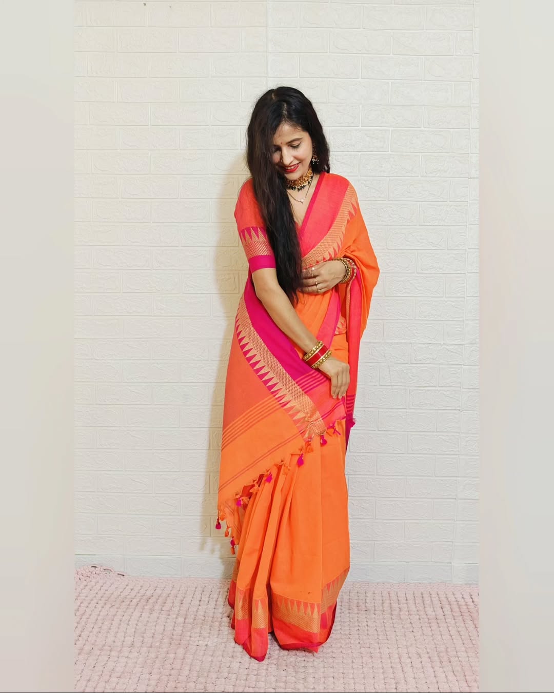 Rangdhaaga Orange With Light Orange Temple Border saree